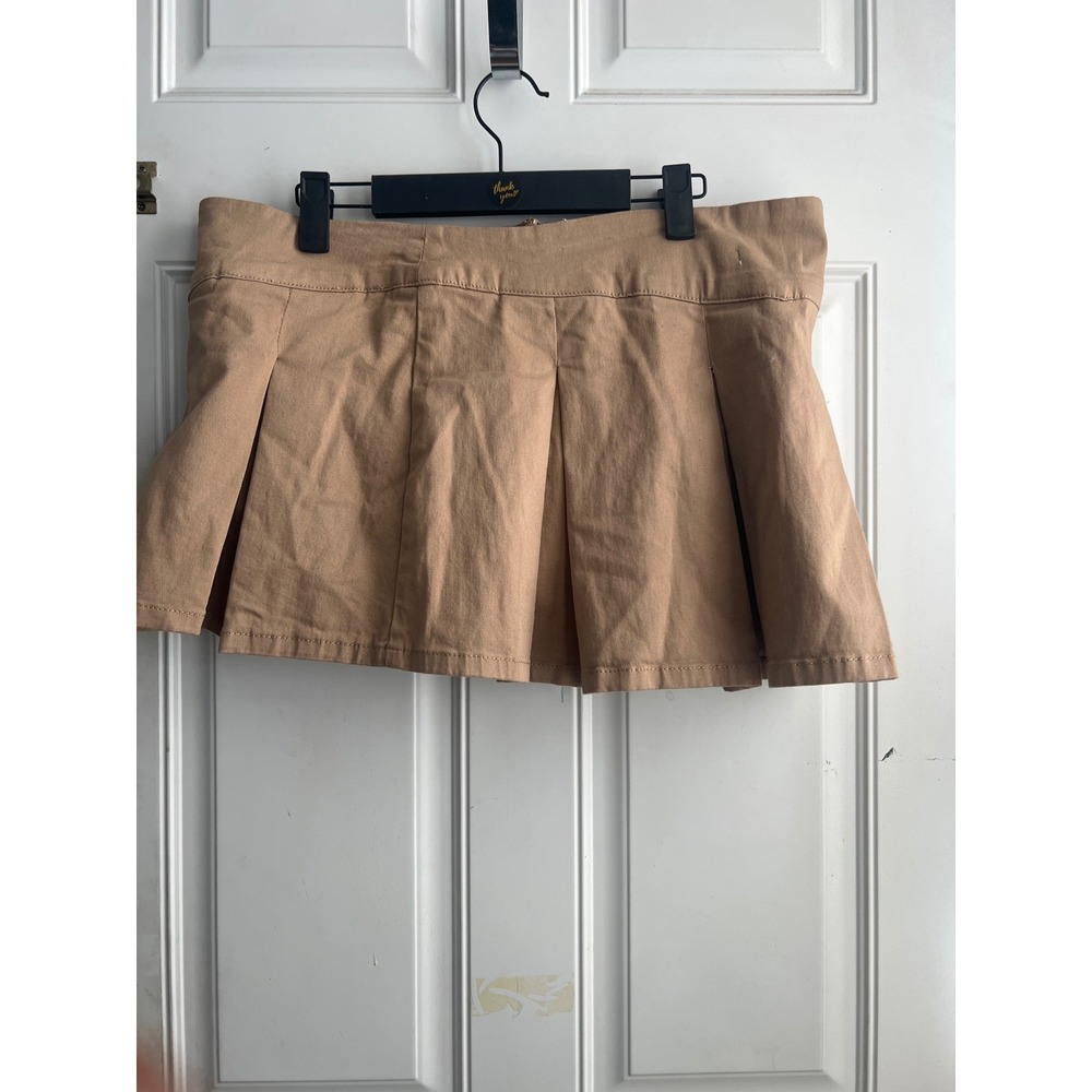Tan Pleated Mini Skirt Low Rise Preppy Box Pleat Twill Skater Skirt Camel - Picture 2 of 4
